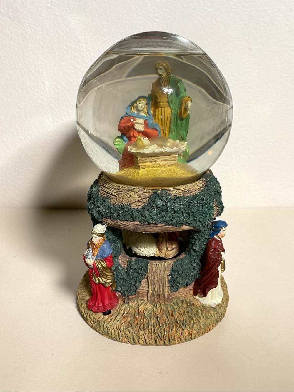 Vintage 90s Christmas Nativity Musical Snow Globe Holy Family Manger 8 Inch